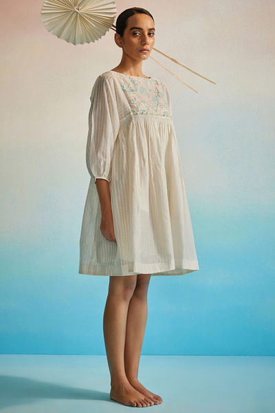 Ivory embroidered and ruched dress