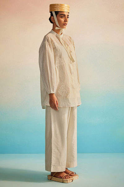 Ivory appliqué embroidered mandarin shirt