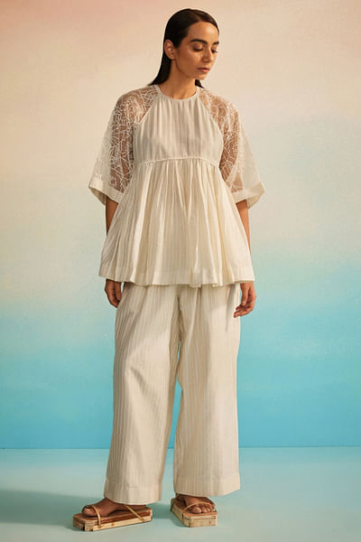 Ivory embroidered and striped sheer raglan top