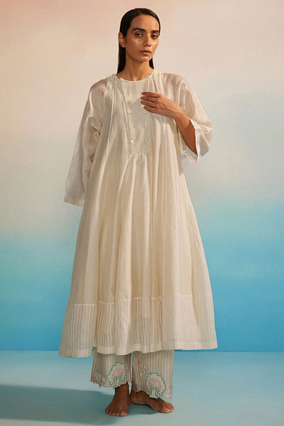 Ivory panelled and striped tunic