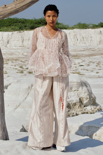 Ivory screen-printed and panelled angrakha top