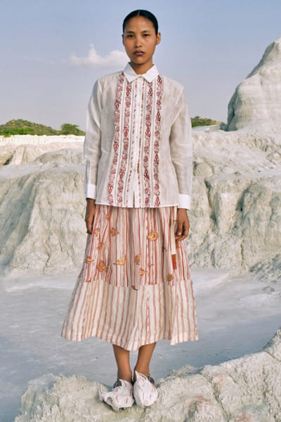 Ivory screen-printed and gathered panel skirt