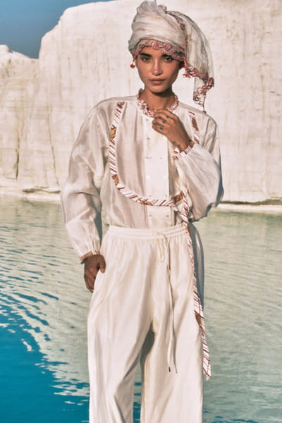 Ivory embroidered cotton silk pants