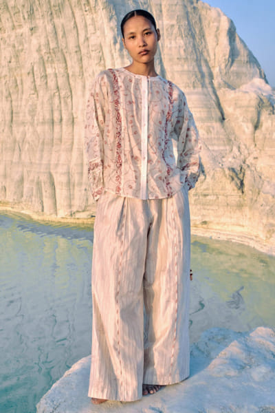 Ivory floral screen printed-embroidered shirt