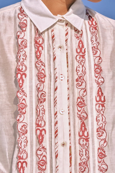 Ivory lace embroidered and pleated shirt