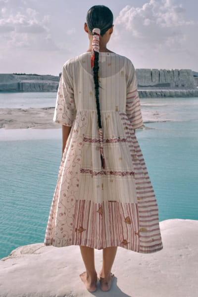 Ivory printed and patch-lace embroidered dress