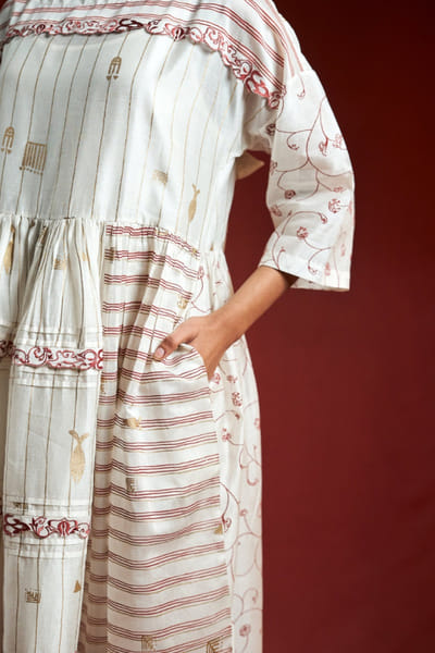 Ivory screen printed and lace embroidery dress