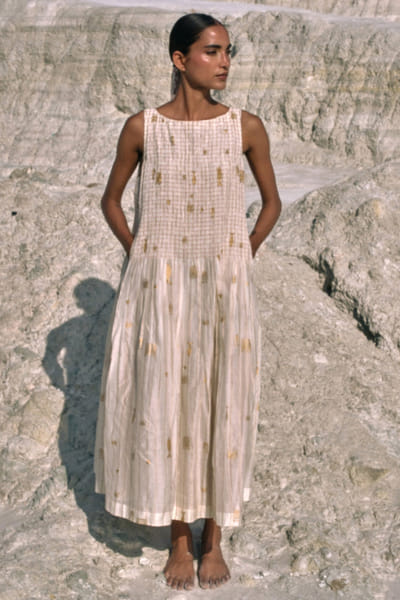 Ivory hand screen-printed and ruched dress