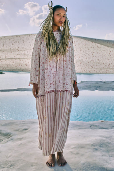 Ivory print embroidered box pleated dress