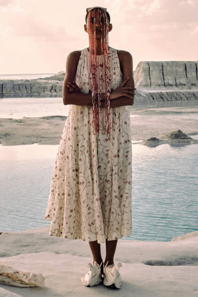 Ivory hand screen-printed and quilted dress