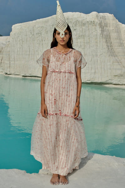 Ivory printed and embroidered tiered dress