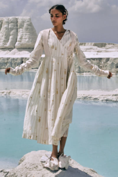 Ivory screen printed-quilted angrakha dress
