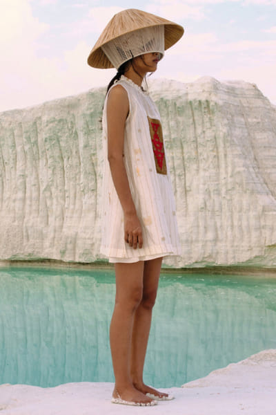 Ivory printed and embroidered shift dress