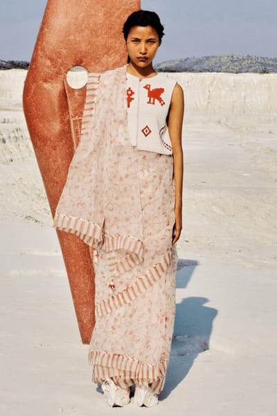 Ivory hand screen-printed silk organza sari