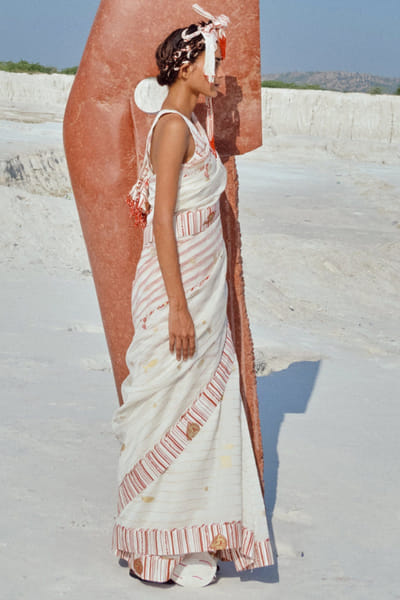 Ivory screen printed and embroidered sari