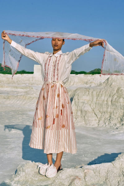 Ivory screen printed and embroidered scarf