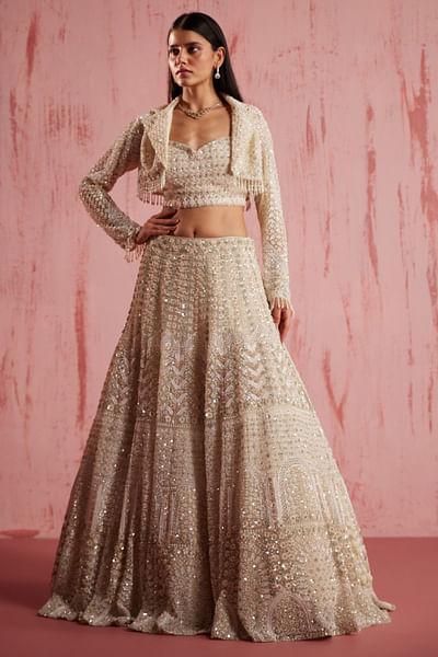 Ivory floral embellished lehenga jacket set