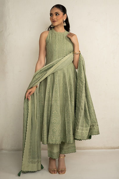 Sage green woven anarkali set