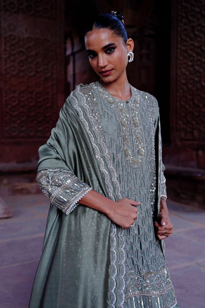 Mint green zardozi embroidered tunic set