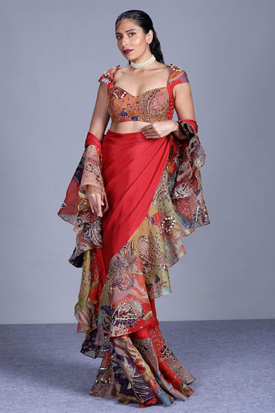 Red printed ruffle sari set
