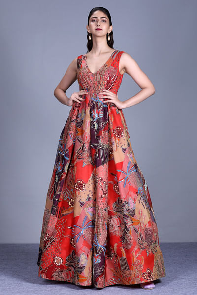 Red printed and embellished gown