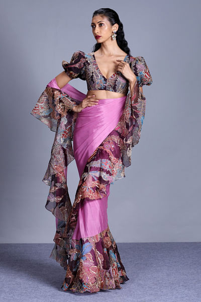 Magenta and plum ruffle sari set
