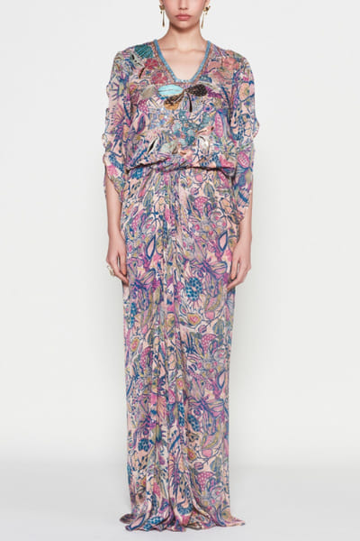 Pink and green floral printed gathered dress