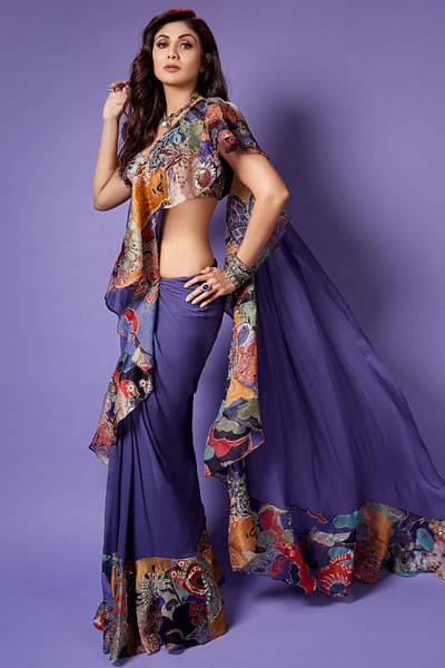 Violet paper dolls printed sari set