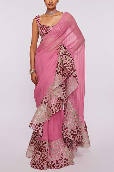 Pink printed ruffle sari set