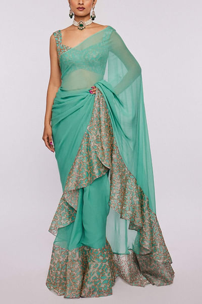Sea green printed ruffle sari set
