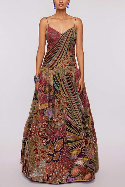 Multicolour printed organza gown
