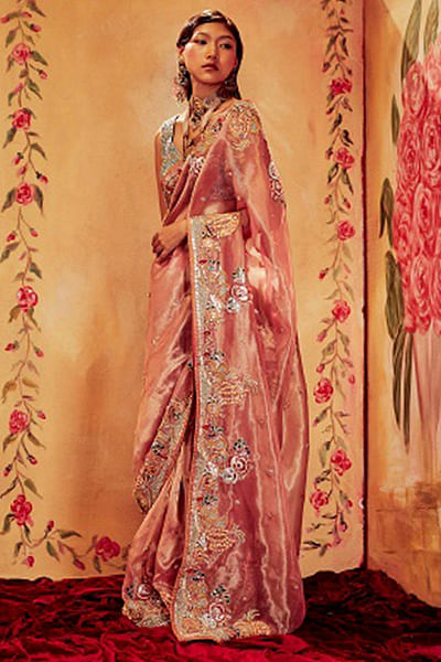 Pink and blue embellished sari set