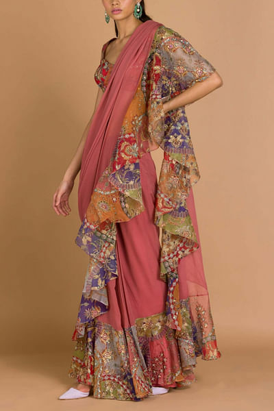 Peach embellished ruffle sari set