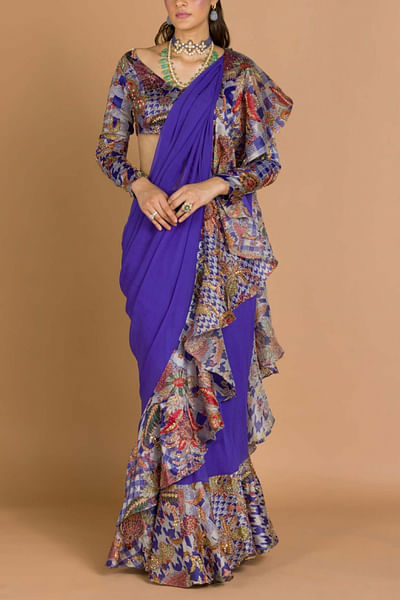 Purple embellished ruffle sari set