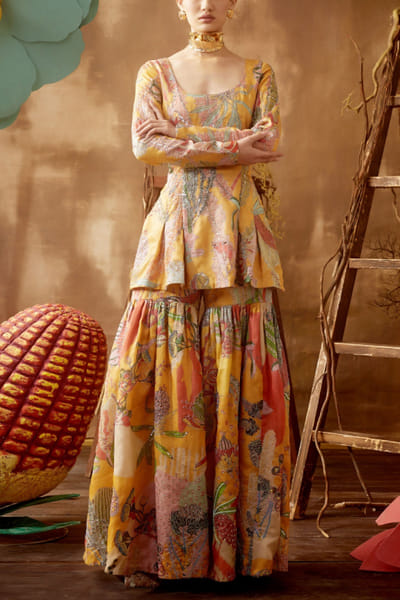 Yellow printed and embellished sharara set