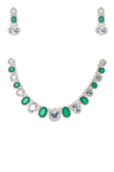 Green and white zircon and stone necklace set