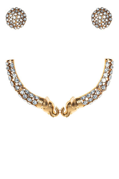 White and gold zircon elephant choker set