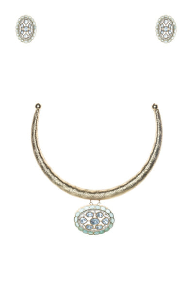 Silver and mint zircon and stone choker set