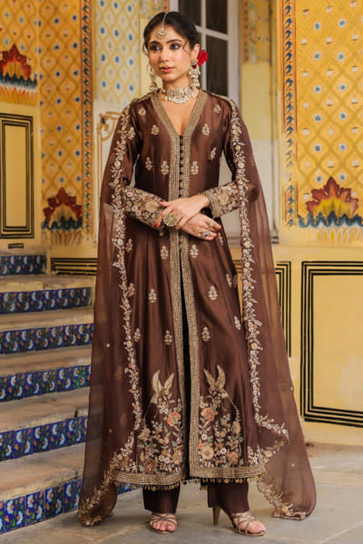 Niti Bothra Brown embroidered anarkali set NITDEC99D142428