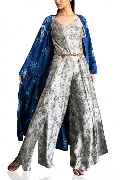 Grey printed jumpsuit and blue cape