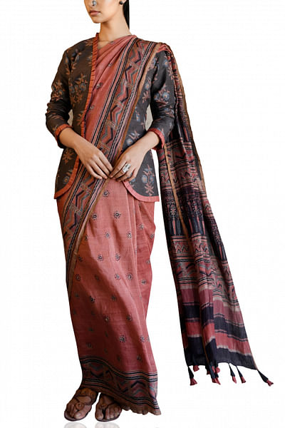 Old rose linen printed sari set