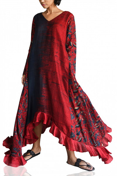 Red block printed ruffle dress