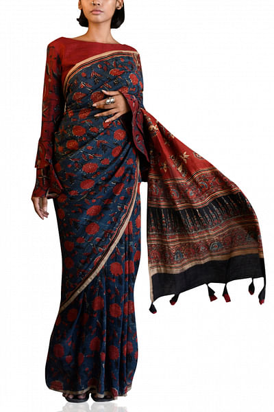 Blue linen block printed sari