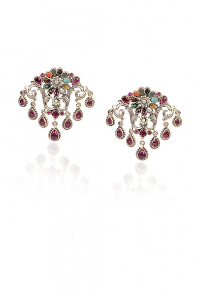 Silver navratna embellished earrings