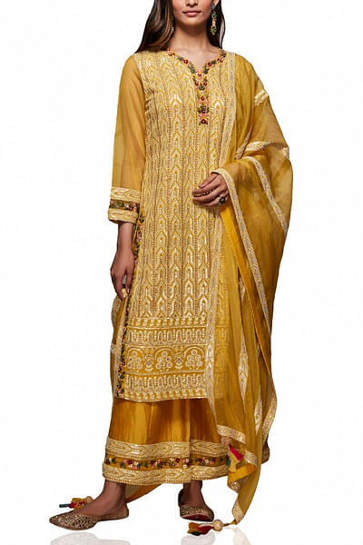 Mustard chikankari kurta set