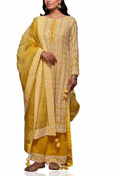 Mustard chikankari kurta set