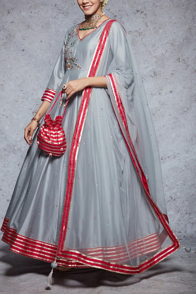 Grey embroidered anarkali set