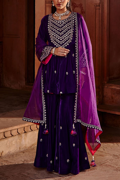 Purple embroidered sharara set