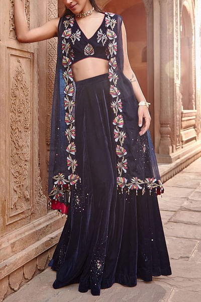 Navy blue embroidered cape set