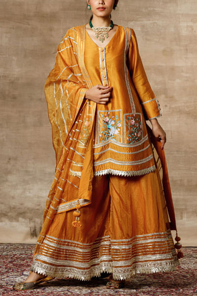 Mustard yellow resham embroidered sharara set